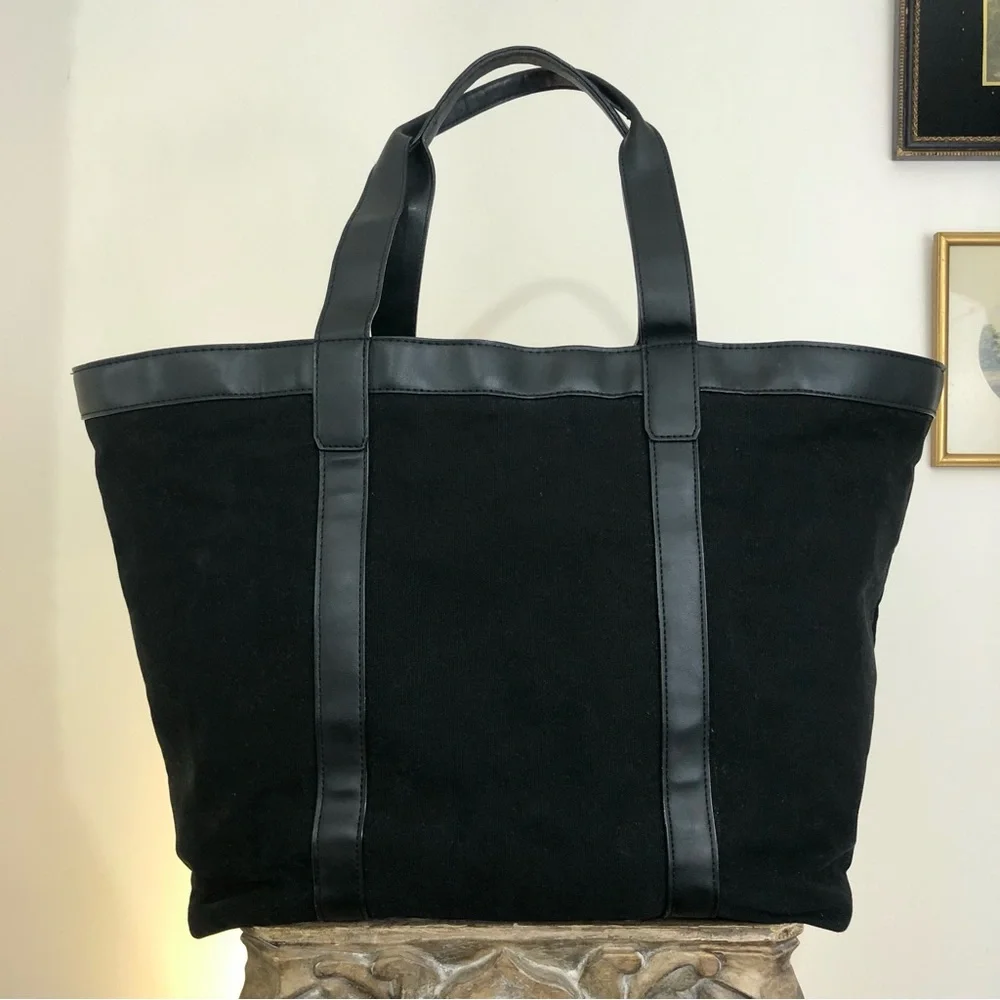 Extra Large Victoria’s Secret Black VS Tote Bag Shoulder Gold Faux Leather - Picture 3 of 11